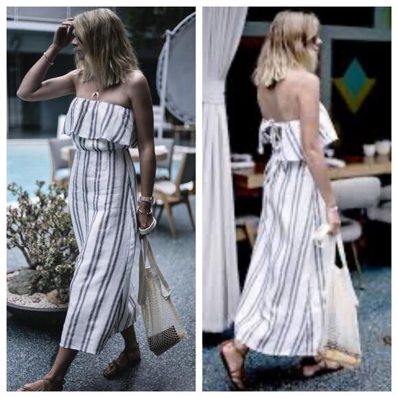 Reformation Linen Midi Length A line Dress Sz sm Stripes Back Tie Strapless - Picture 3 of 10